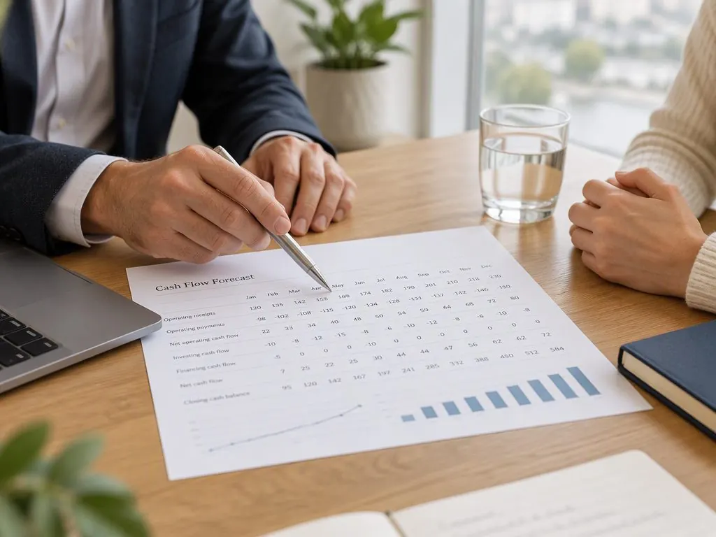 Two people reviewing a printed cash-flow forecast at a meeting table