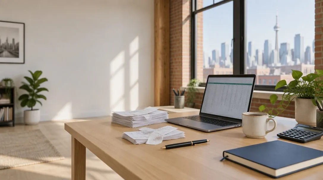 A bright accounting office desk with a laptop, invoices and a coffee by a window