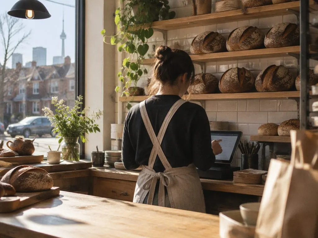 A bakery owner checking the day's sales on a tablet at the counter